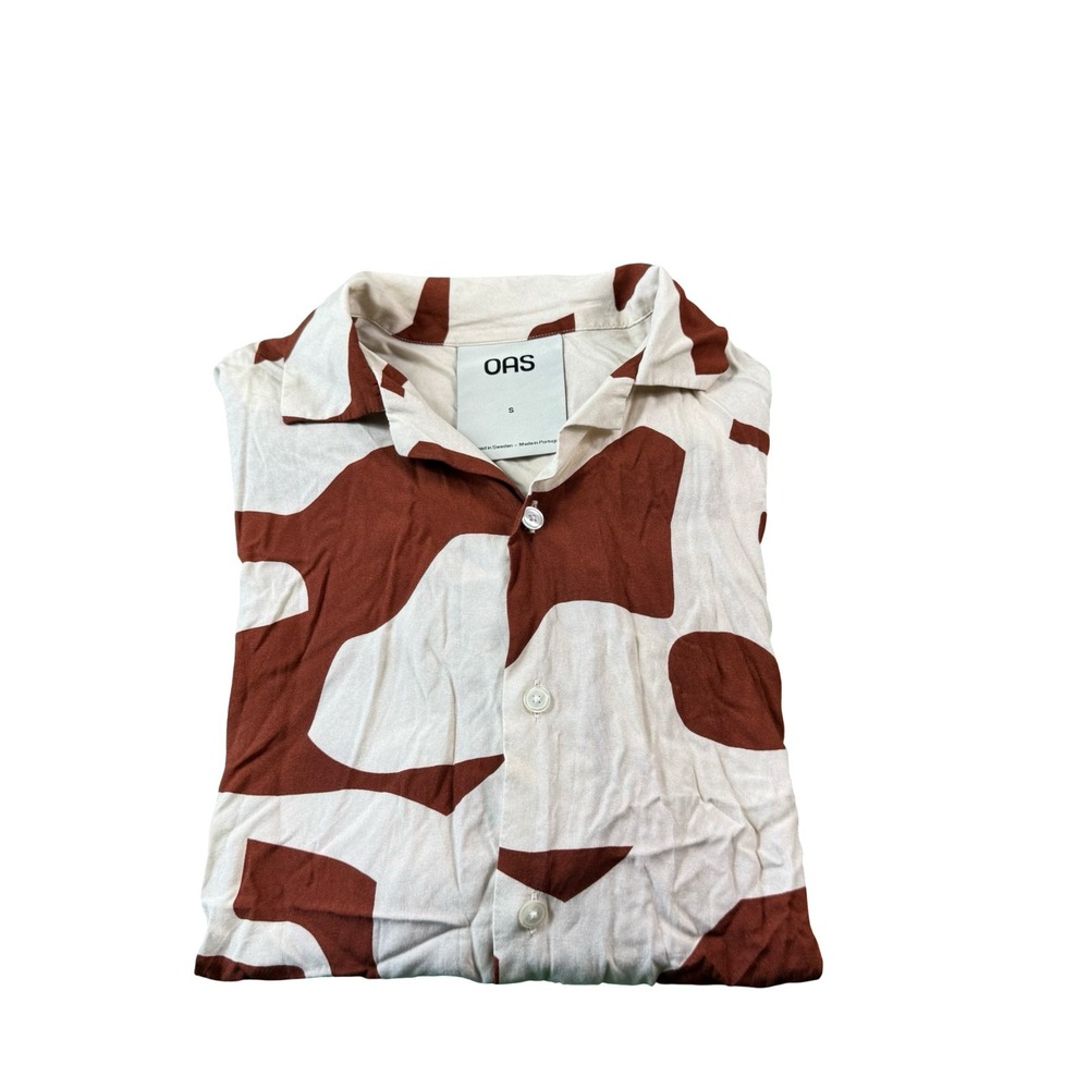 OAS Brown White Geometric Viscose Mens Hawaiian Button Front Size Small